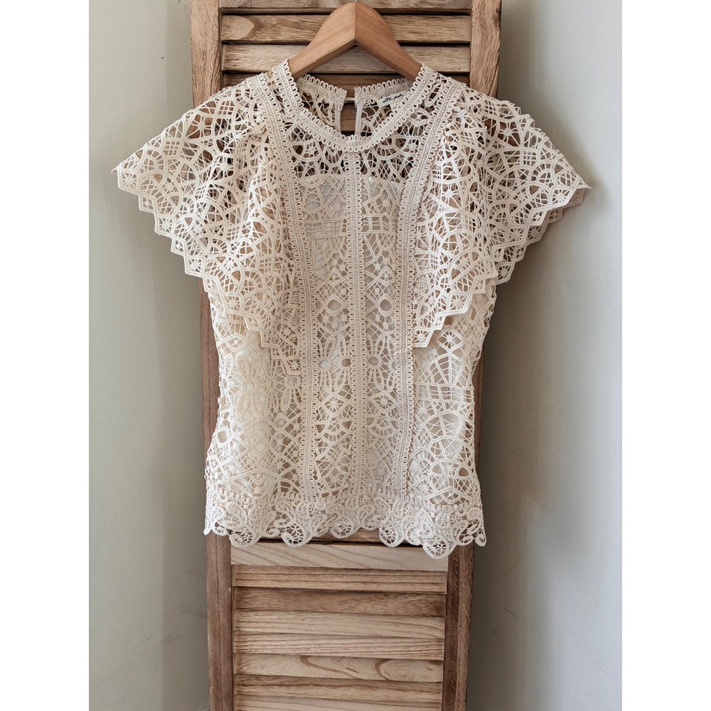 Ultra Pink Cream Lace Short Sleeve Top Scalloped Hem Boho Blouse Small